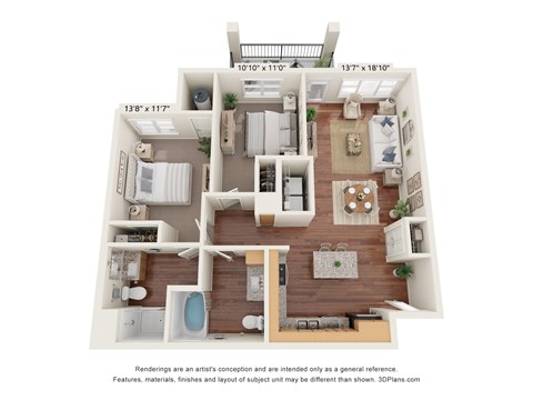 Floor plan for 2 beds, 2 baths, 1040 sqft